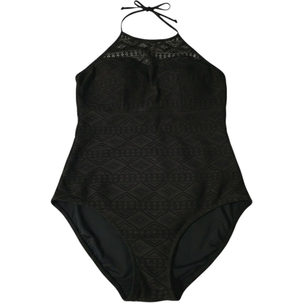 NWT Hula Honey One Piece Swimsuit XL Black Crochet Lace High Neck Cutout Witchy - Picture 2 of 8